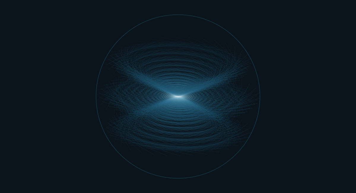 Thousands of faint teal chords trace Bloch vectors spiralling into a glowing grey core inside a dark sphere silhouette